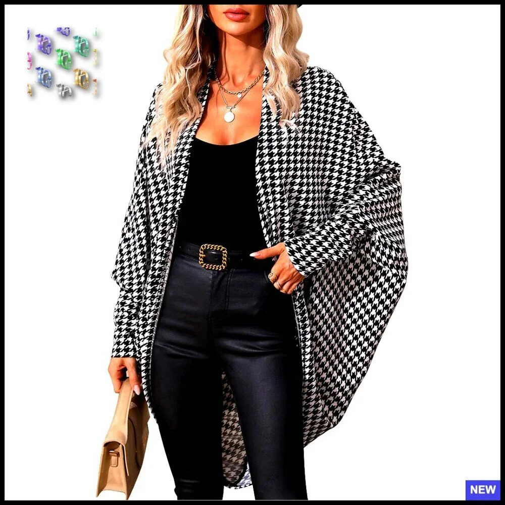 Houndstooth Blazer Jacket Batwing Sleeve Open Front Asymmetrical Cardigan Coat